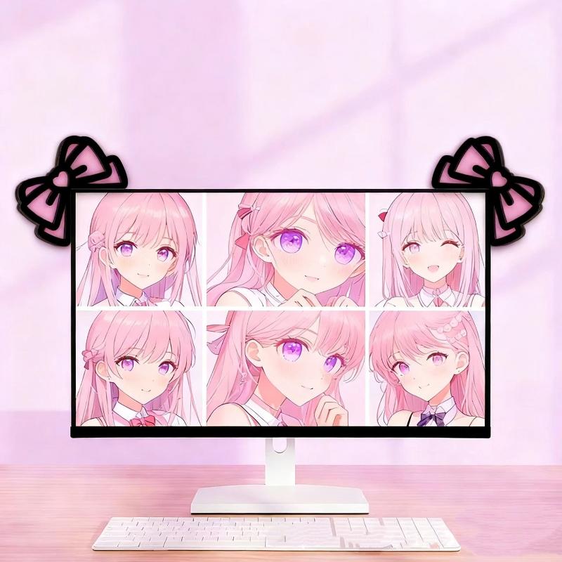 Gaming Accessories Monitor - Neue 1/2-teilige Holz-Schleifen-PC-Accessoires, Kawaii 2D-Schleifen-Monitor-Deko, niedliche
