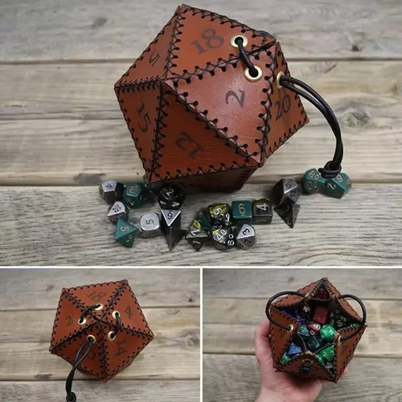 Gaming Accessories Ideas - Leder-D20-Würfelbeutel, polygonale Aufbewahrungsbox mit verstärktem Kordelzug,