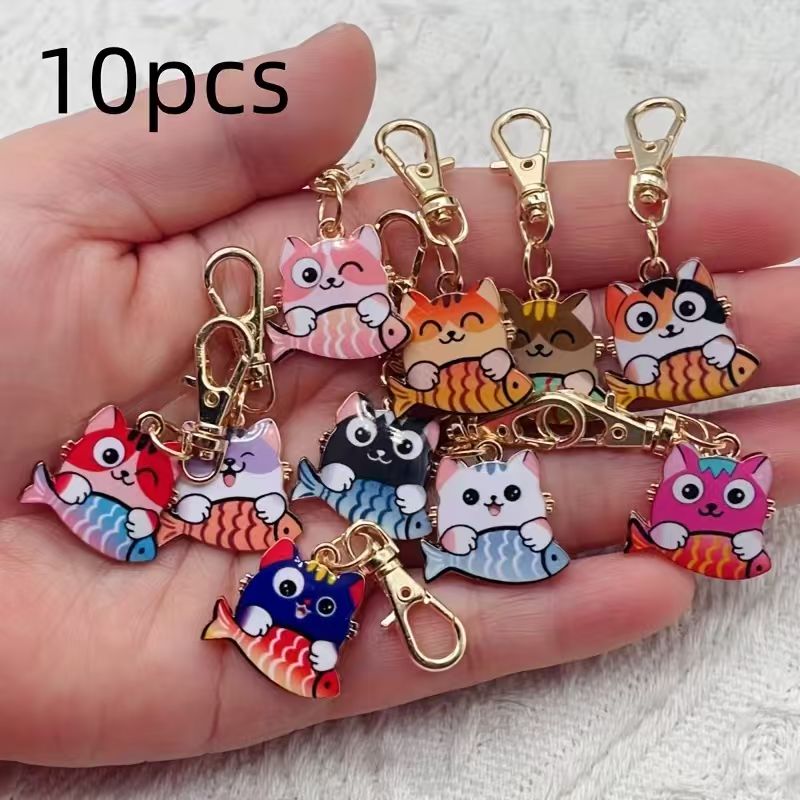 Gaming Accessories Gifts - 10 Stück bedruckte Katzen-Schlüsselanhänger aus Legierung,
